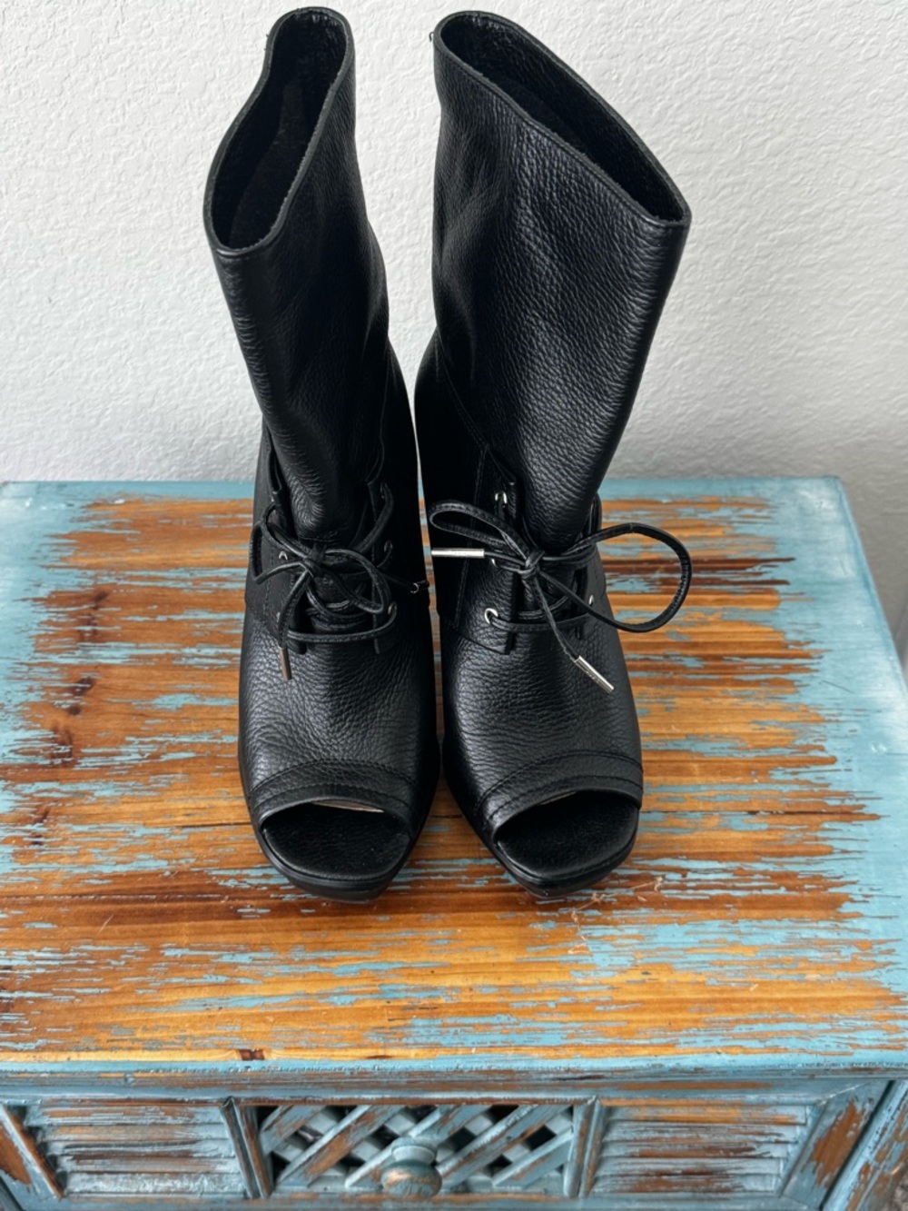 Michael Kors St Marks Boot Black Leather Peep Toe Lace Up Booties Heels Size 8